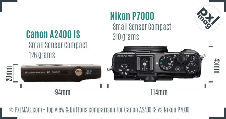 Canon A2400 IS vs Nikon P7000 top view buttons comparison