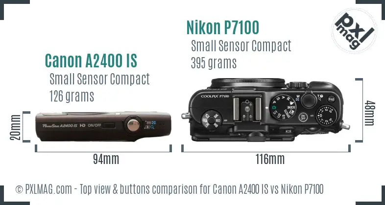 Canon A2400 IS vs Nikon P7100 top view buttons comparison