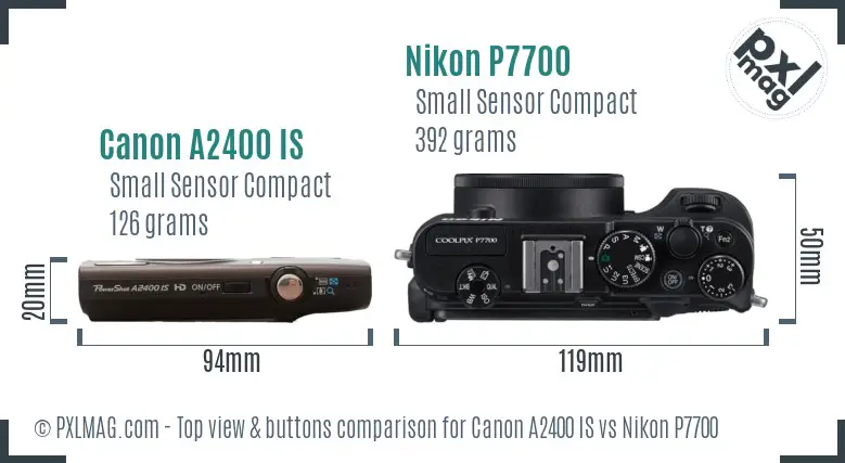 Canon A2400 IS vs Nikon P7700 top view buttons comparison