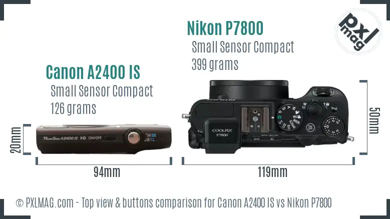 Canon A2400 IS vs Nikon P7800 top view buttons comparison