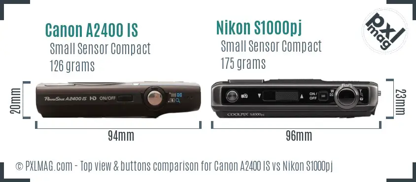 Canon A2400 IS vs Nikon S1000pj top view buttons comparison