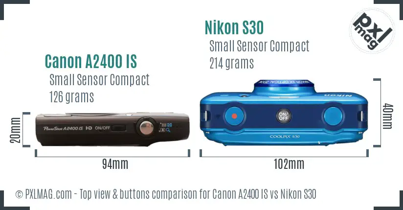 Canon A2400 IS vs Nikon S30 top view buttons comparison