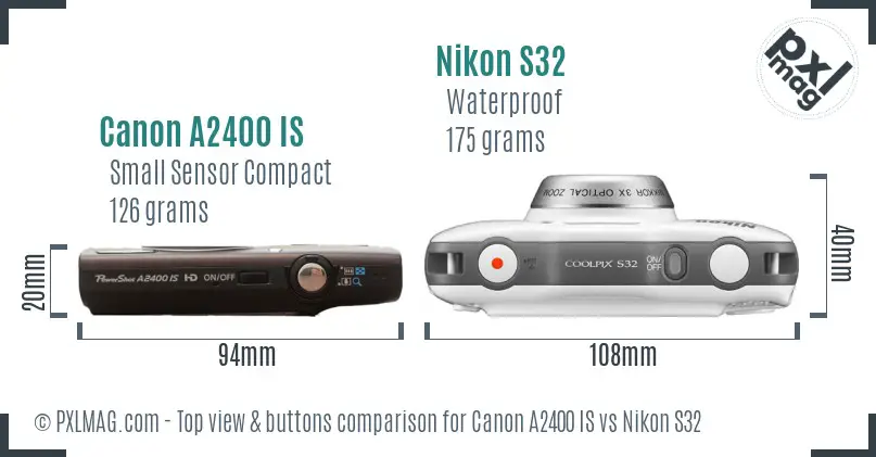 Canon A2400 IS vs Nikon S32 top view buttons comparison