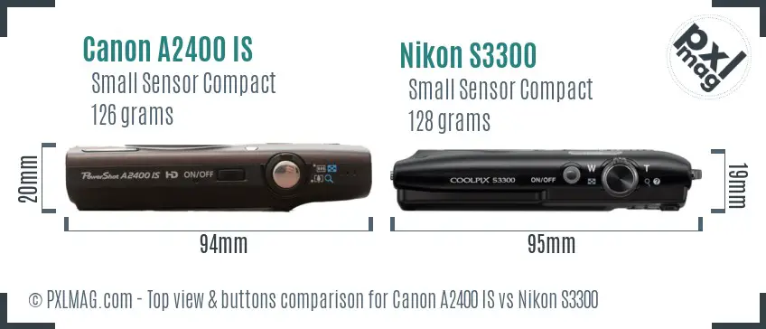 Canon A2400 IS vs Nikon S3300 top view buttons comparison