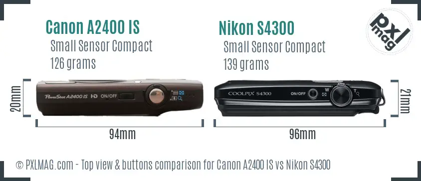 Canon A2400 IS vs Nikon S4300 top view buttons comparison Canon A2400 IS vs Nikon S4300 top view buttons comparison