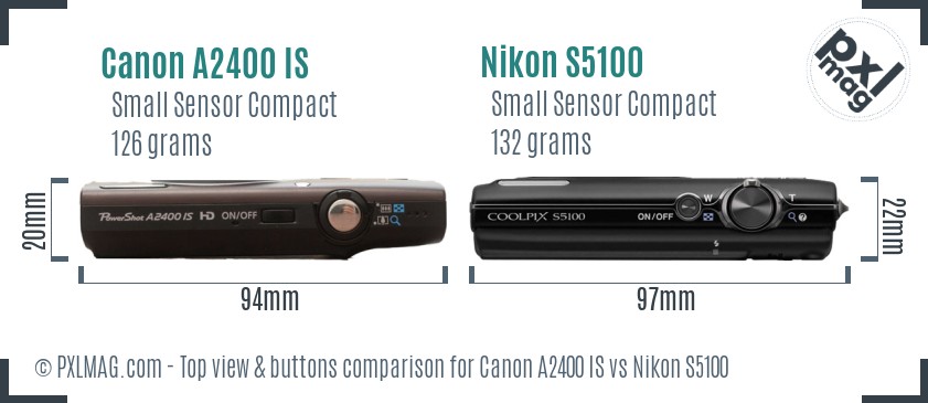 Canon A2400 IS vs Nikon S5100 top view buttons comparison