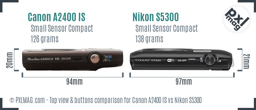 Canon A2400 IS vs Nikon S5300 top view buttons comparison