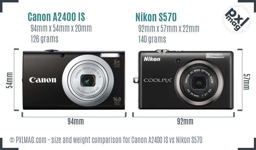 Canon A2400 IS vs Nikon S570 size comparison