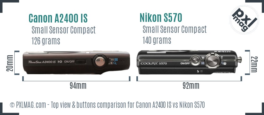 Canon A2400 IS vs Nikon S570 top view buttons comparison