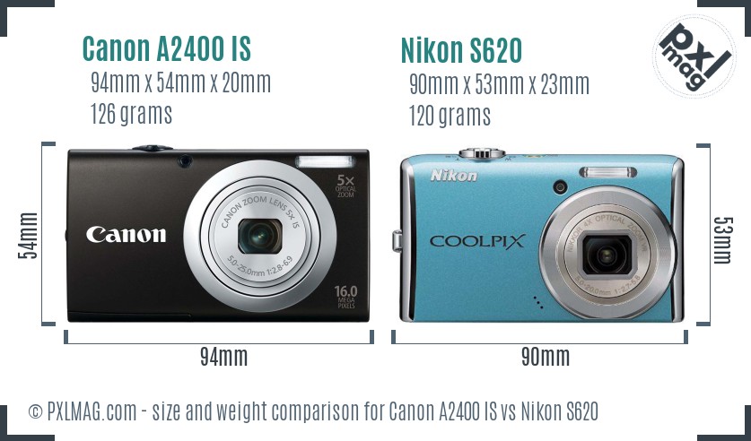Canon A2400 IS vs Nikon S620 size comparison