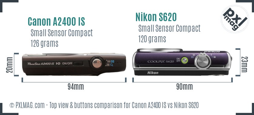Canon A2400 IS vs Nikon S620 top view buttons comparison