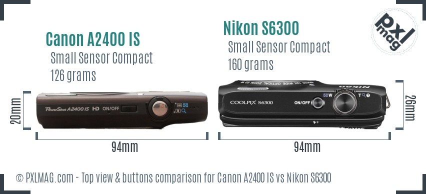 Canon A2400 IS vs Nikon S6300 top view buttons comparison