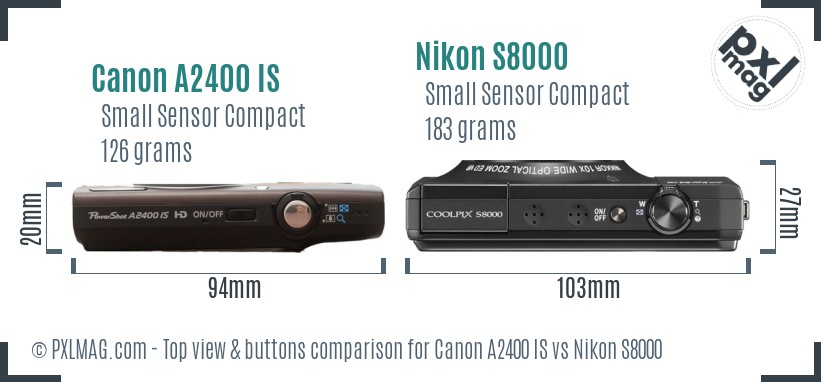 Canon A2400 IS vs Nikon S8000 top view buttons comparison