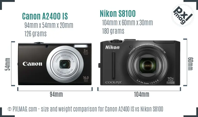 Canon A2400 IS vs Nikon S8100 size comparison