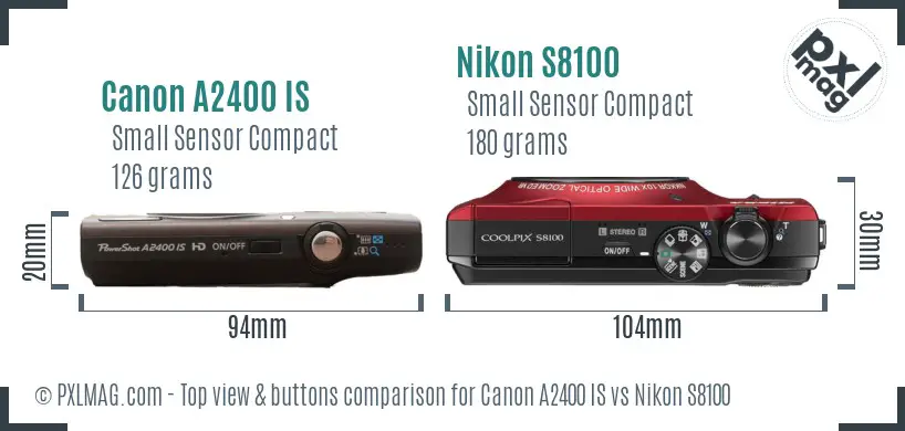 Canon A2400 IS vs Nikon S8100 top view buttons comparison