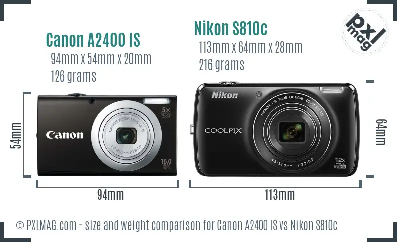 Canon A2400 IS vs Nikon S810c size comparison