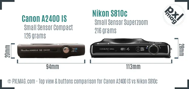 Canon A2400 IS vs Nikon S810c top view buttons comparison