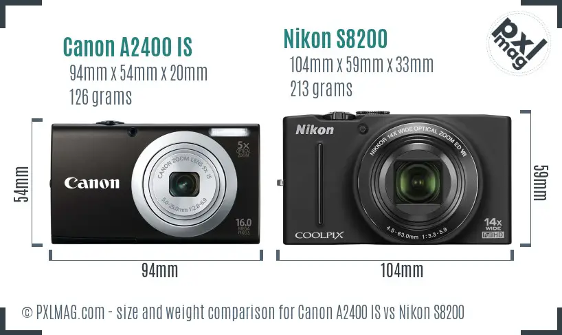 Canon A2400 IS vs Nikon S8200 size comparison
