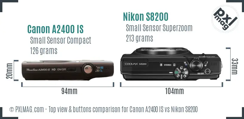 Canon A2400 IS vs Nikon S8200 top view buttons comparison