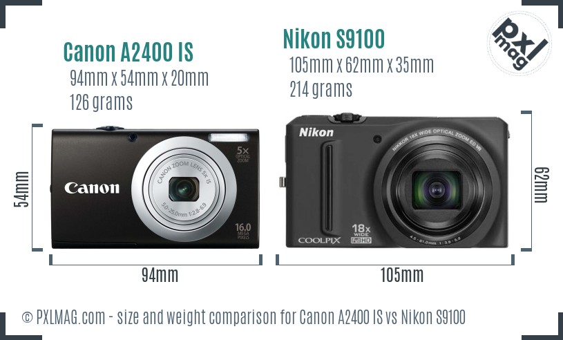 Canon A2400 IS vs Nikon S9100 size comparison