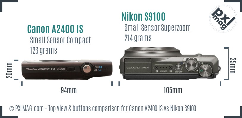 Canon A2400 IS vs Nikon S9100 top view buttons comparison