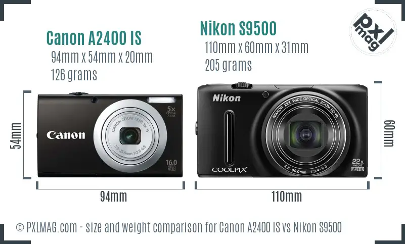 Canon A2400 IS vs Nikon S9500 size comparison