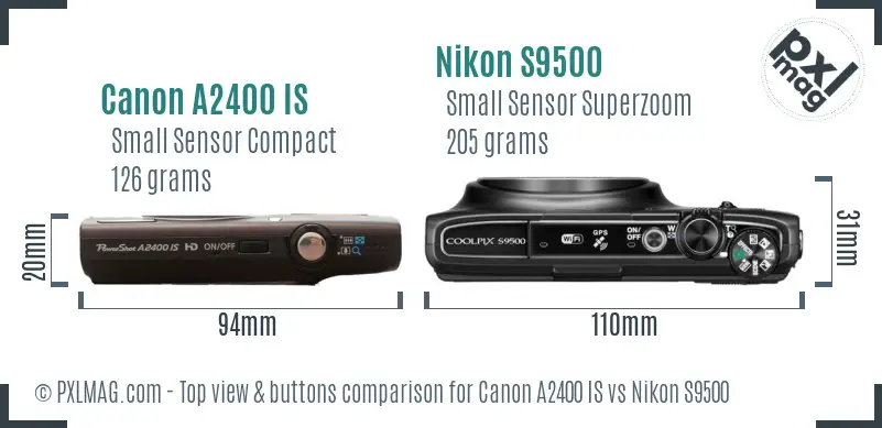 Canon A2400 IS vs Nikon S9500 top view buttons comparison
