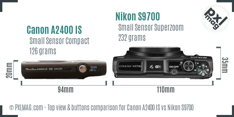 Canon A2400 IS vs Nikon S9700 top view buttons comparison