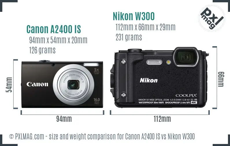 Canon A2400 IS vs Nikon W300 size comparison