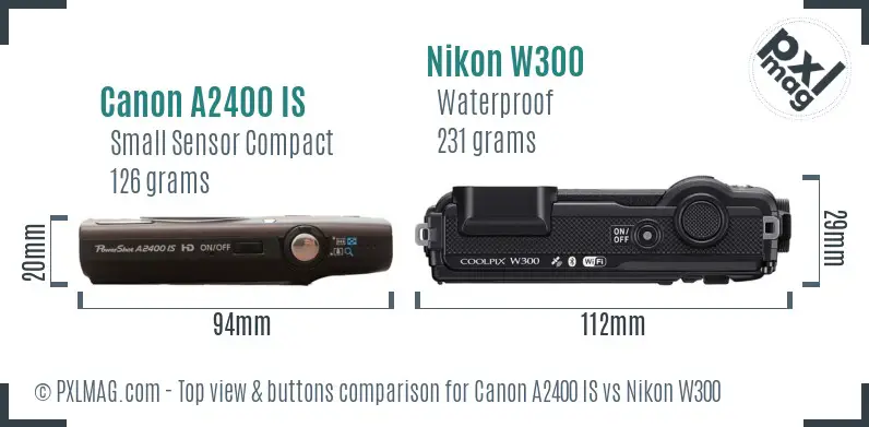 Canon A2400 IS vs Nikon W300 top view buttons comparison