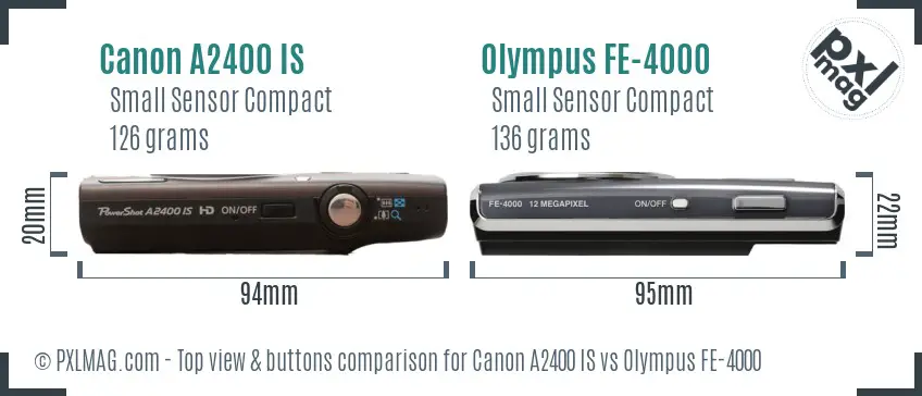 Canon A2400 IS vs Olympus FE-4000 top view buttons comparison