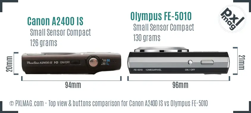 Canon A2400 IS vs Olympus FE-5010 top view buttons comparison Canon A2400 IS vs Olympus FE-5010 top view buttons comparison
