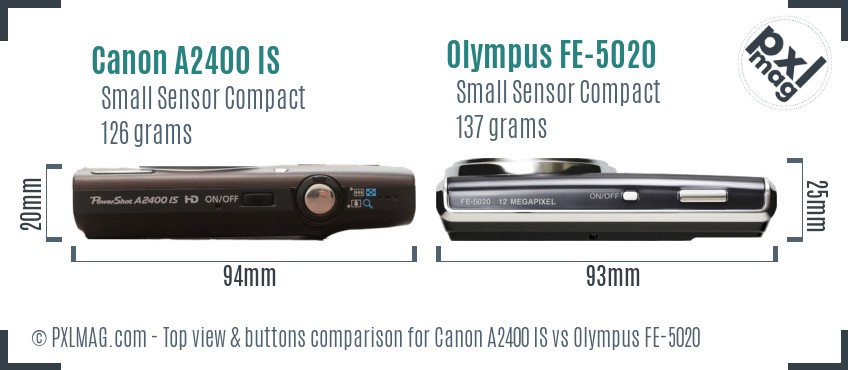 Canon A2400 IS vs Olympus FE-5020 top view buttons comparison