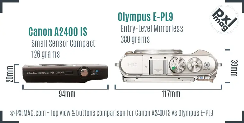 Canon A2400 IS vs Olympus E-PL9 top view buttons comparison