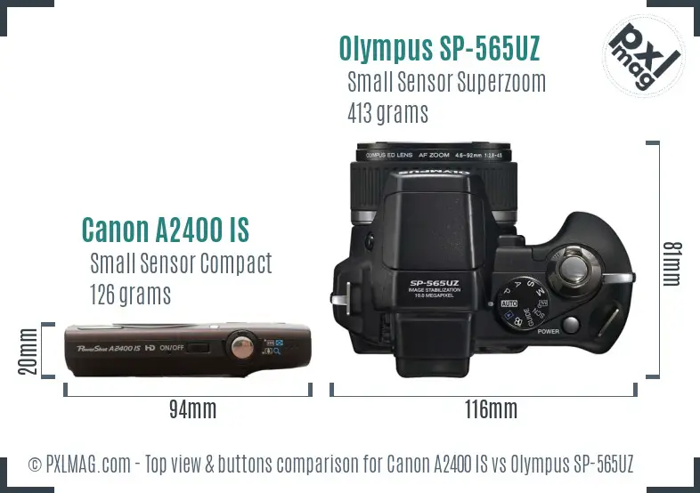 Canon A2400 IS vs Olympus SP-565UZ top view buttons comparison