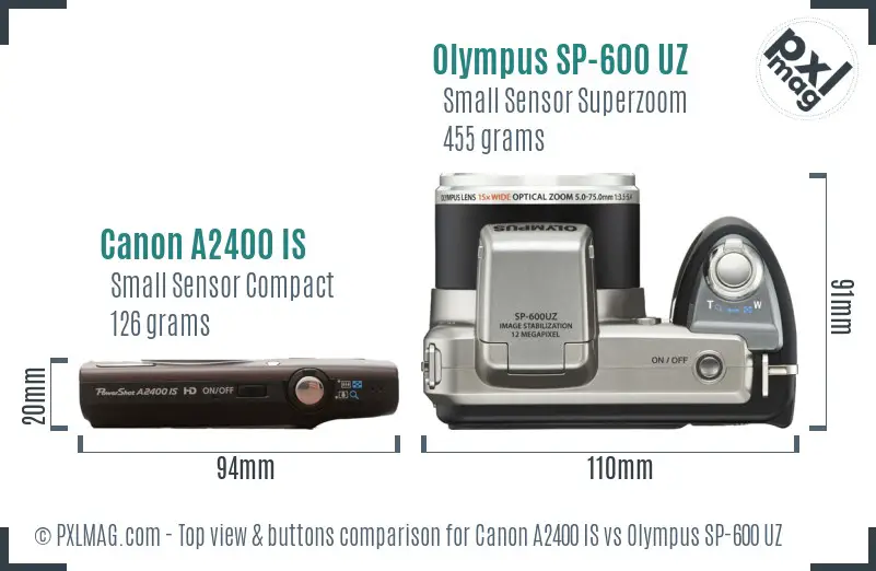 Canon A2400 IS vs Olympus SP-600 UZ top view buttons comparison