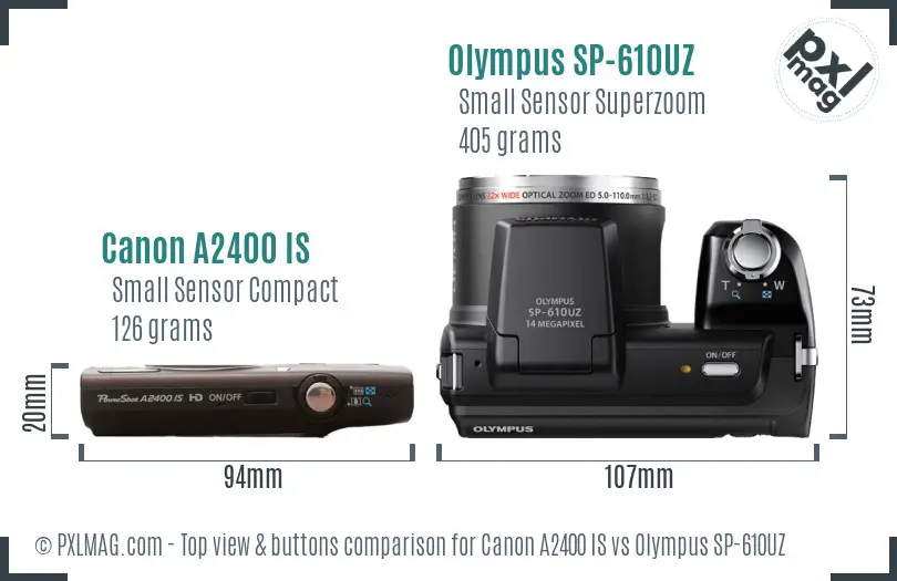 Canon A2400 IS vs Olympus SP-610UZ top view buttons comparison Canon A2400 IS vs Olympus SP-610UZ top view buttons comparison