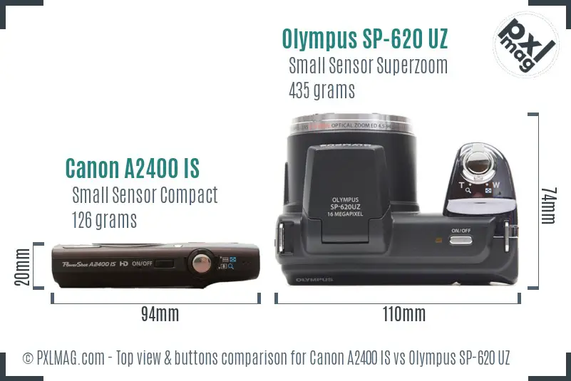 Canon A2400 IS vs Olympus SP-620 UZ top view buttons comparison Canon A2400 IS vs Olympus SP-620 UZ top view buttons comparison