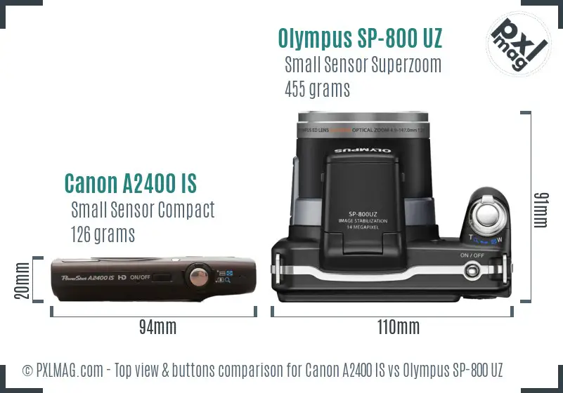 Canon A2400 IS vs Olympus SP-800 UZ top view buttons comparison