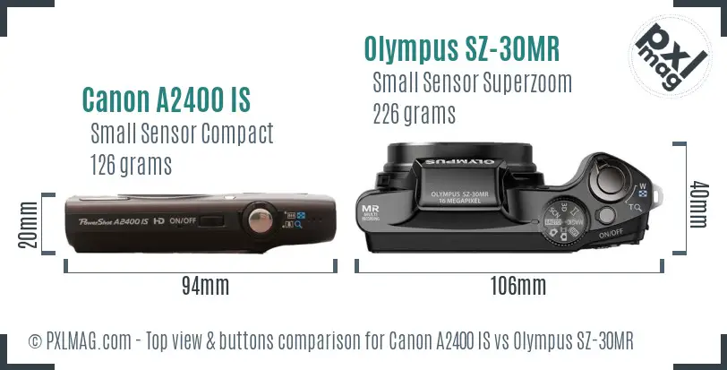 Canon A2400 IS vs Olympus SZ-30MR top view buttons comparison Canon A2400 IS vs Olympus SZ-30MR top view buttons comparison
