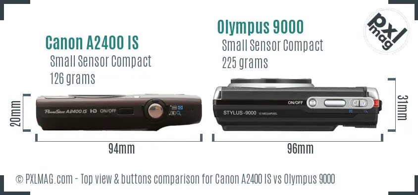 Canon A2400 IS vs Olympus 9000 top view buttons comparison