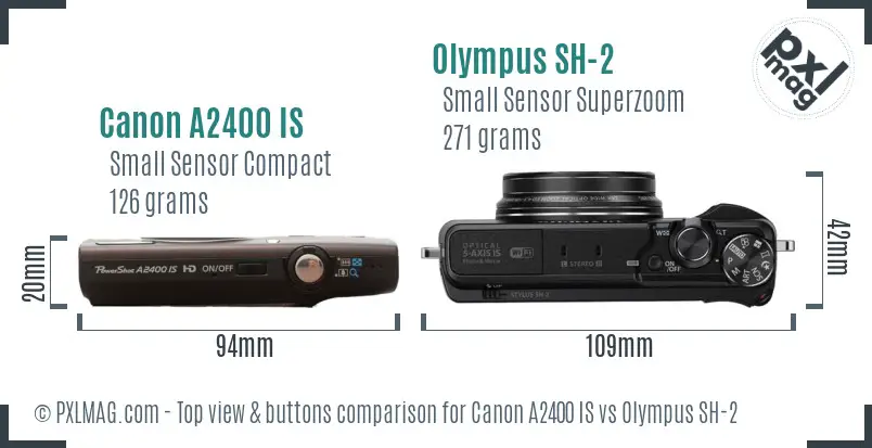Canon A2400 IS vs Olympus SH-2 top view buttons comparison