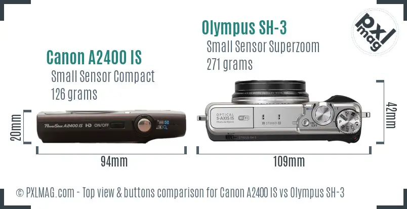 Canon A2400 IS vs Olympus SH-3 top view buttons comparison