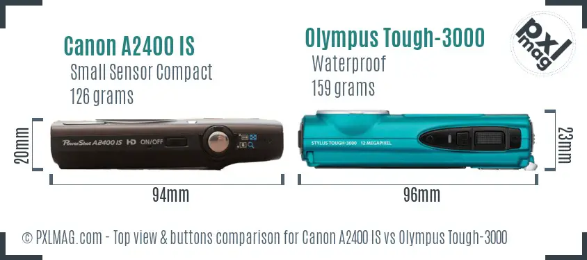 Canon A2400 IS vs Olympus Tough-3000 top view buttons comparison