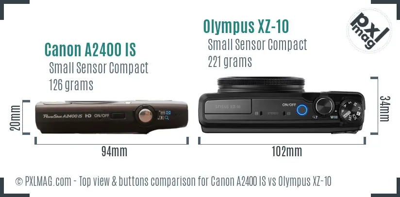 Canon A2400 IS vs Olympus XZ-10 top view buttons comparison