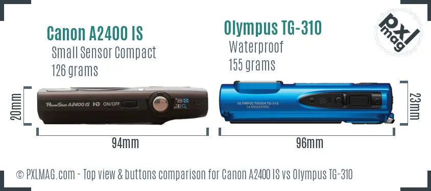 Canon A2400 IS vs Olympus TG-310 top view buttons comparison