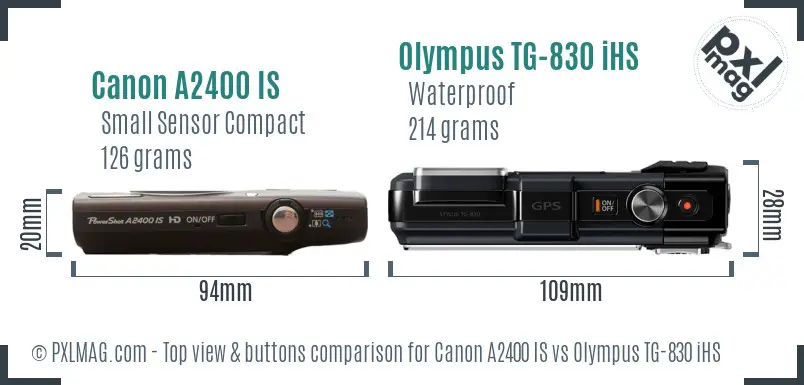 Canon A2400 IS vs Olympus TG-830 iHS top view buttons comparison