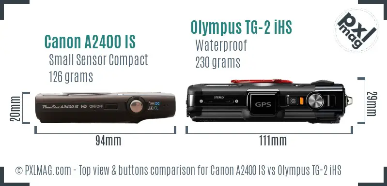 Canon A2400 IS vs Olympus TG-2 iHS top view buttons comparison