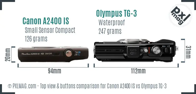 Canon A2400 IS vs Olympus TG-3 top view buttons comparison