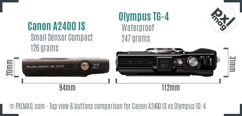 Canon A2400 IS vs Olympus TG-4 top view buttons comparison